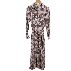 Taj By Sabrina Crippa Maxi Shirt Dress Women Pink Brown Giraffe Boho Embroidered